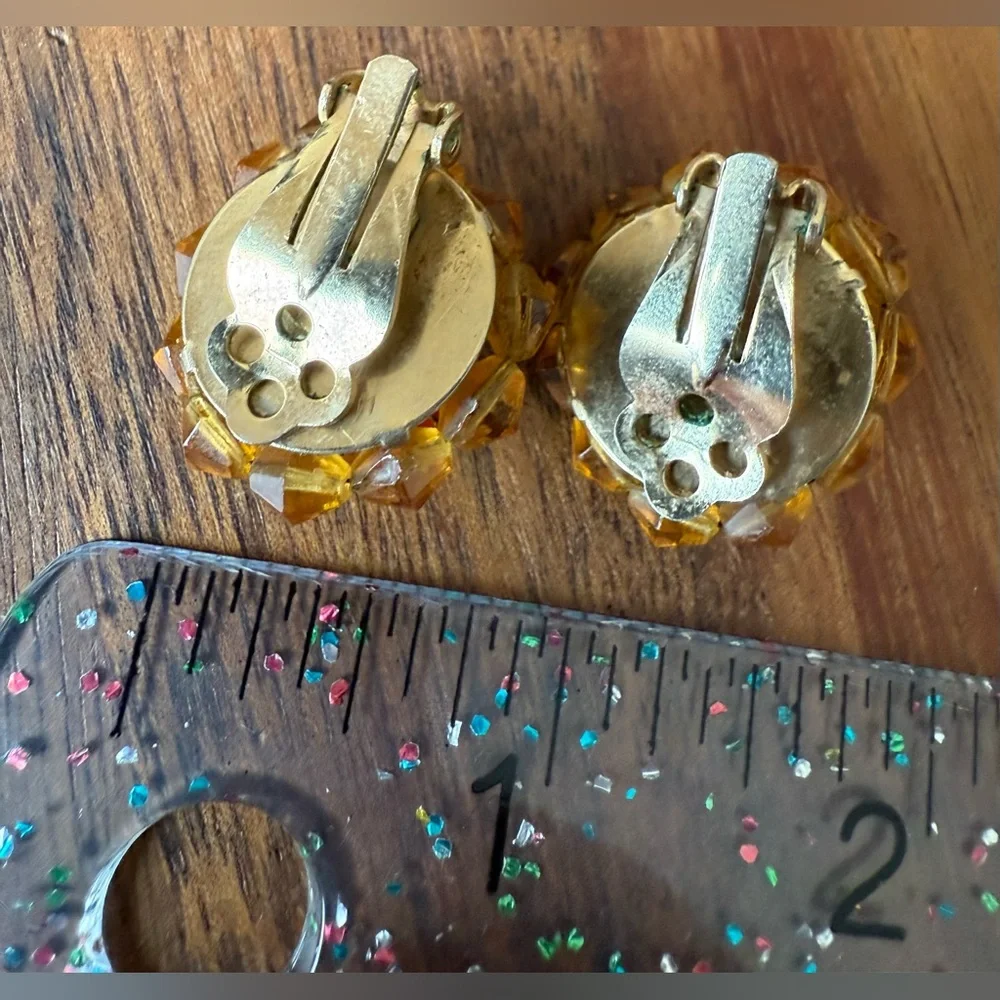 Lot of 3 Vintage Gold and Amber Tone Topaz Clip On Beaded Earrings